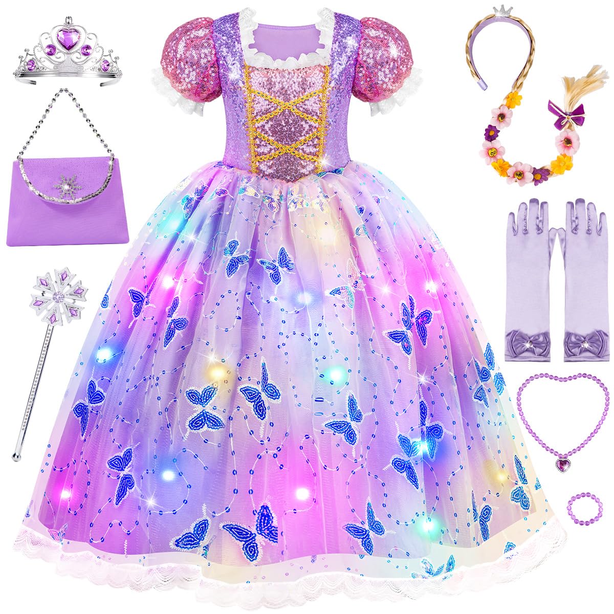 Meland light-up princess dress front view with glowing lights for magical play.
