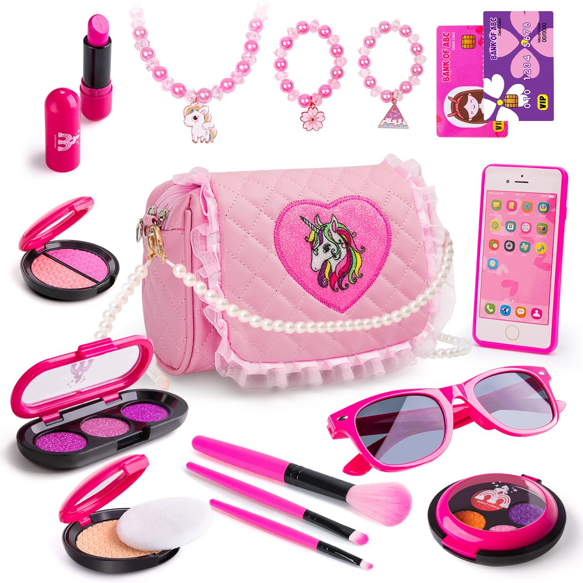 Meland pink heart handbag and accessories for pretend play and storytelling.