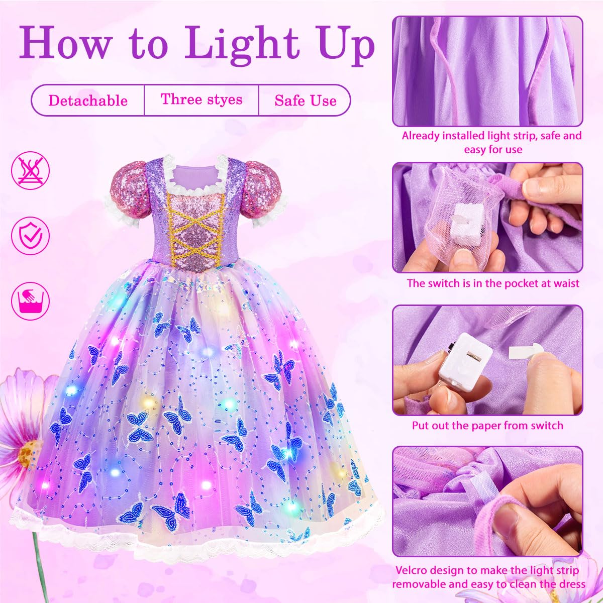 Meland sequin bodice and lace trim give a regal purple princess look.