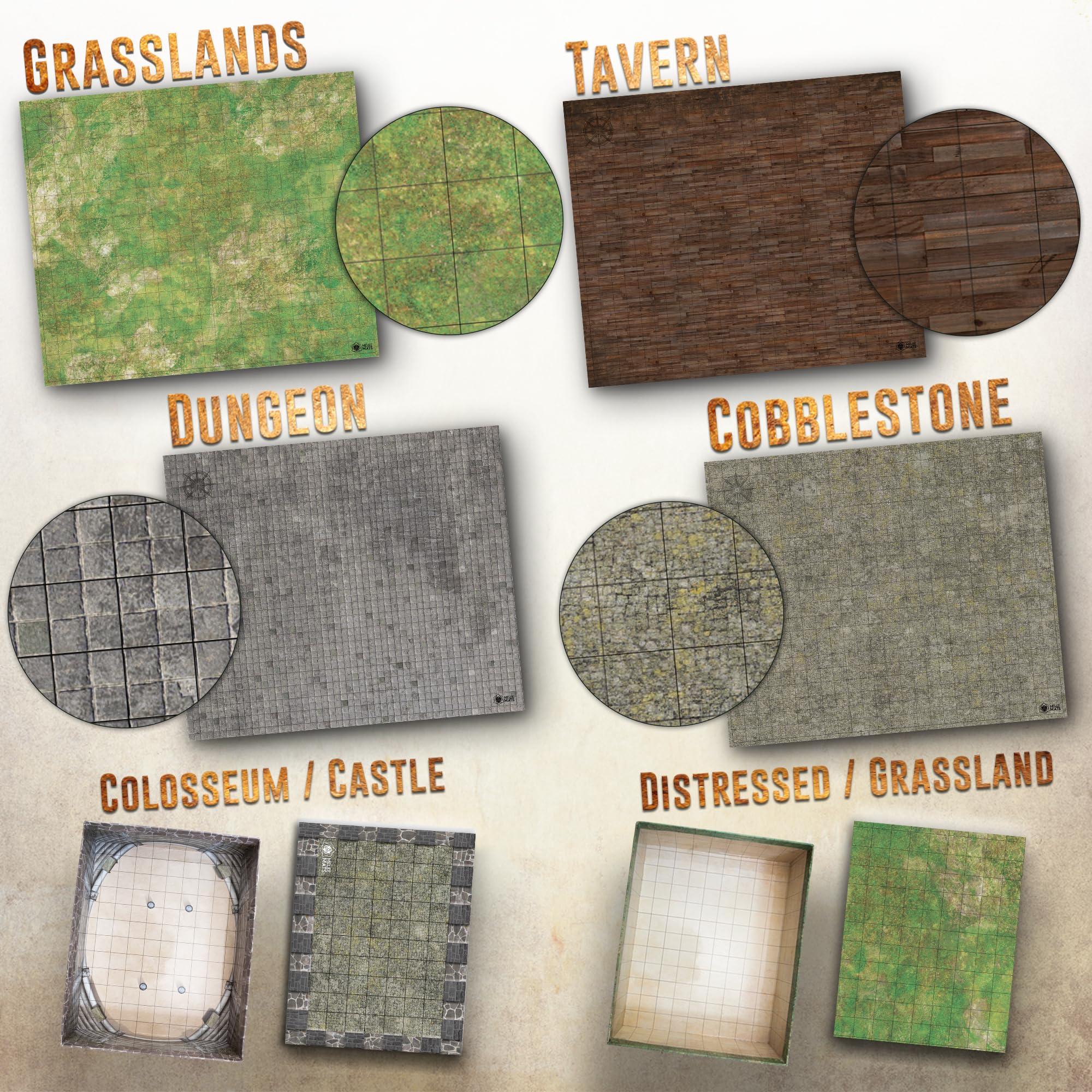 Melee Mats DND cobblestone double-sided map for street-level battles.