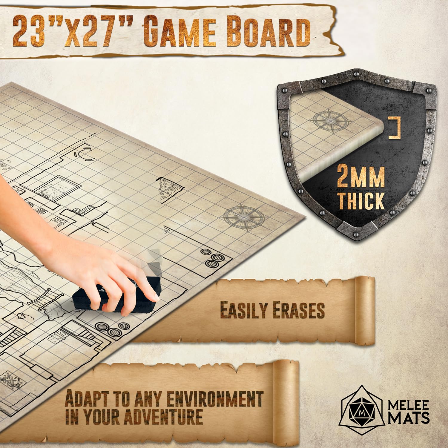 Melee Mats DND Map Starter Set wet erase surface for fast, clean gameplay.