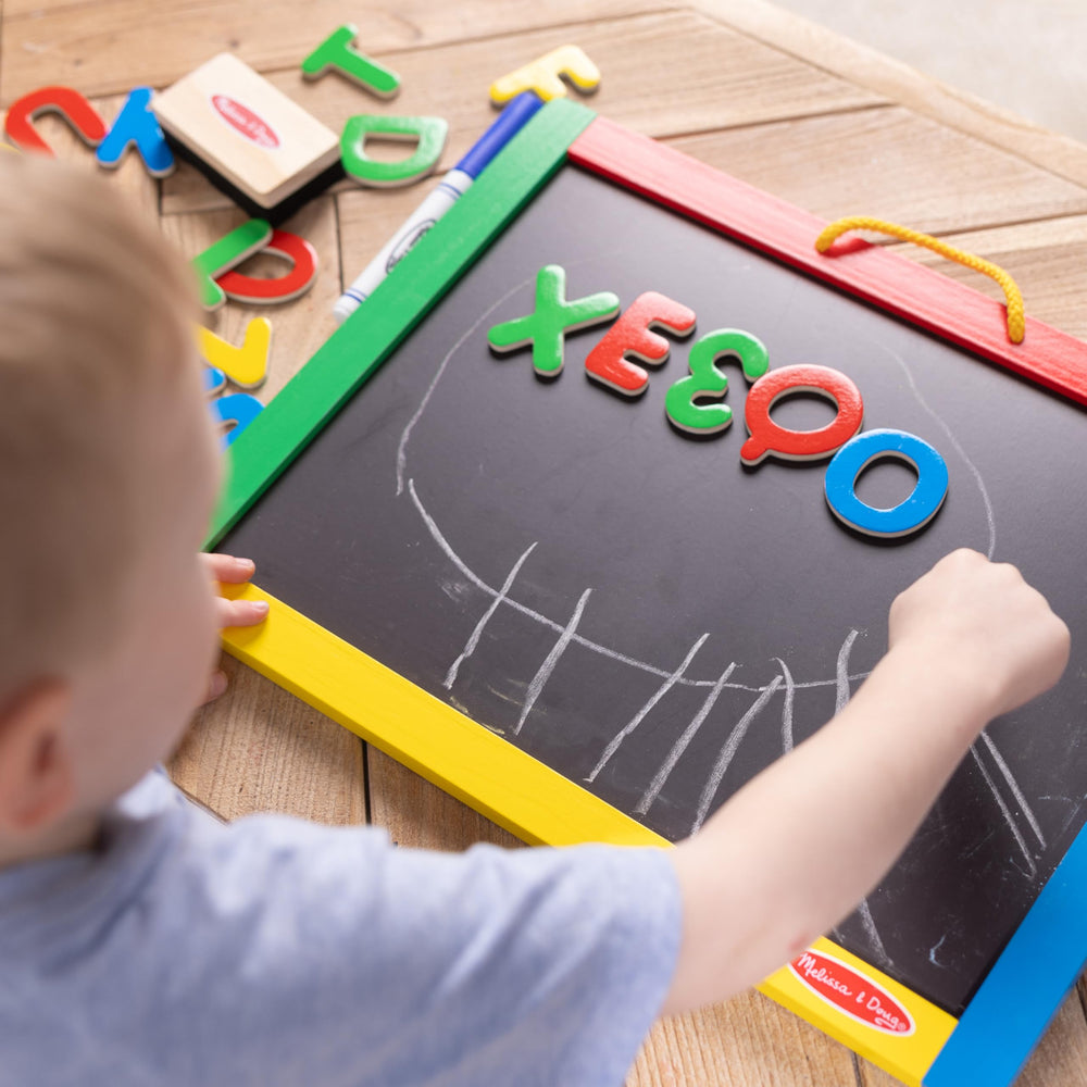 36 magnetic uppercase letters and numbers for hands-on literacy and math.