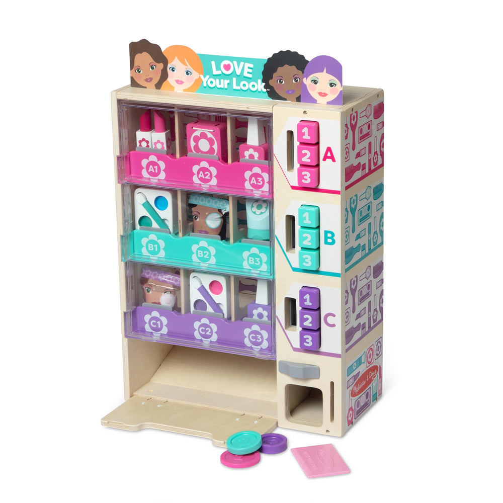 Melissa & Doug front view of wooden beauty kiosk showcasing play cosmetics and machine benefit