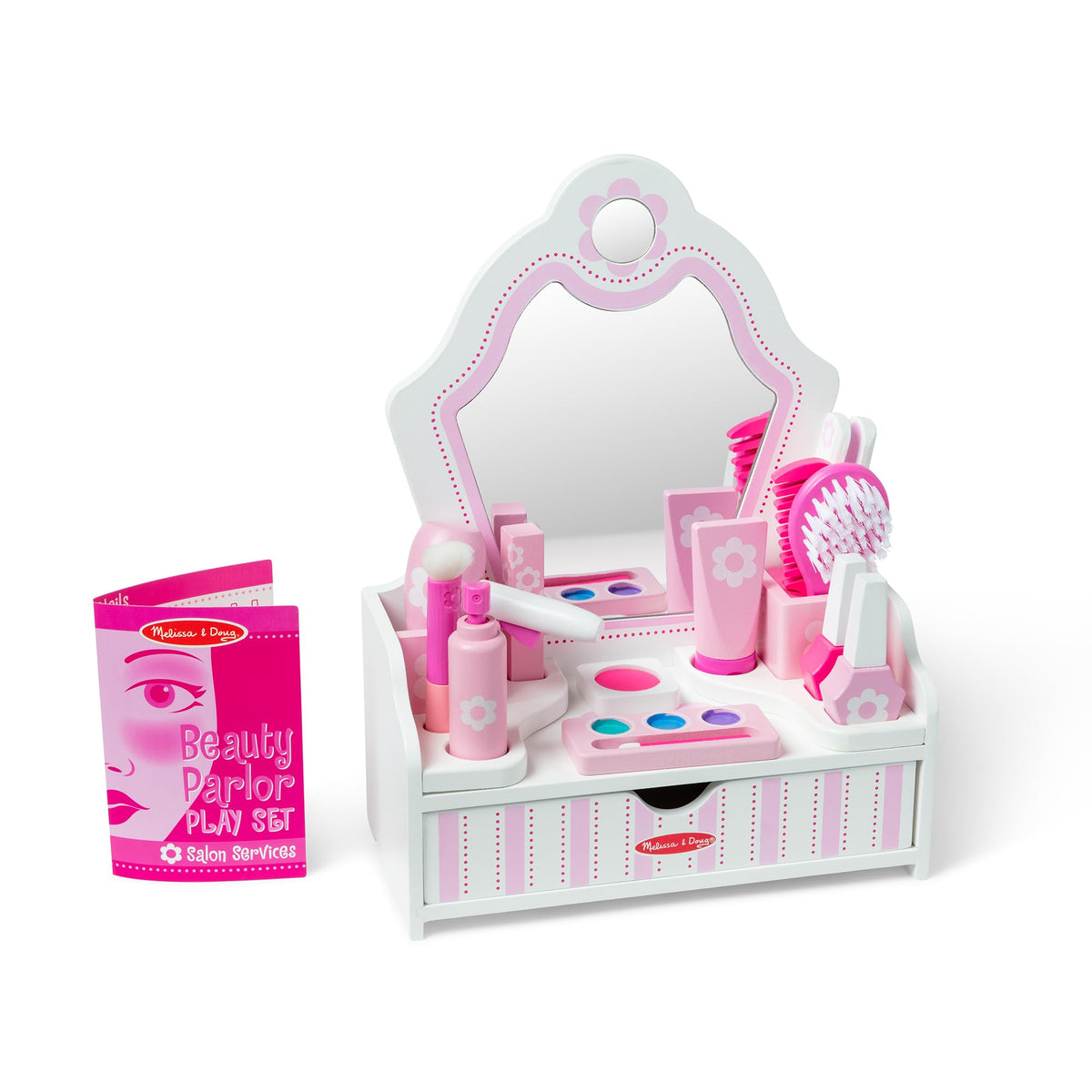 Melissa & Doug beauty salon vanity with storage promotes tidy pretend play and organized styling sessions.