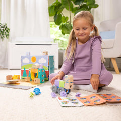 Melissa and Doug Blockables Town Play Set connectors laid out for easy snapping.