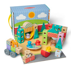 Melissa and Doug Blockables Town Play Set open box reveals colorful pieces for creative play.