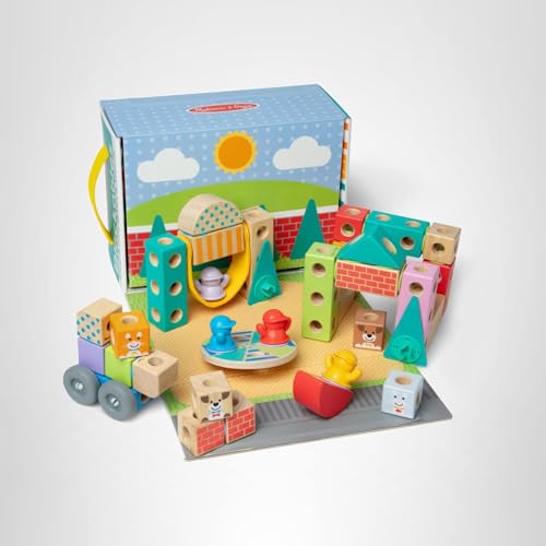 Melissa and Doug Blockables Town Play Set durable wooden blocks and a storage box support screen-free play.