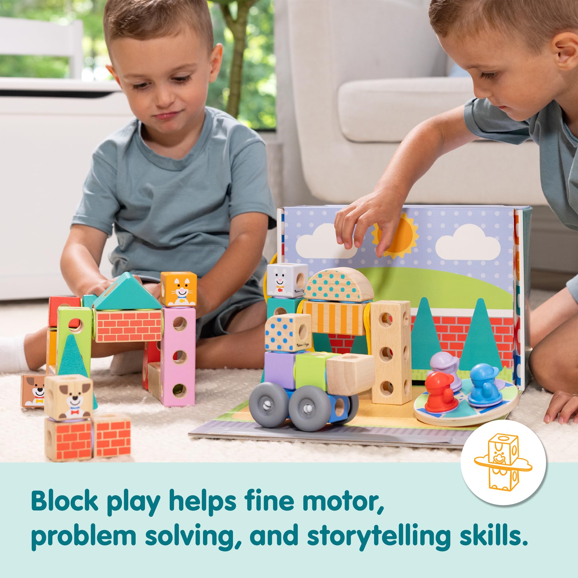Illustrated guide shows how to create a swing and carousel with Blockables pieces.
