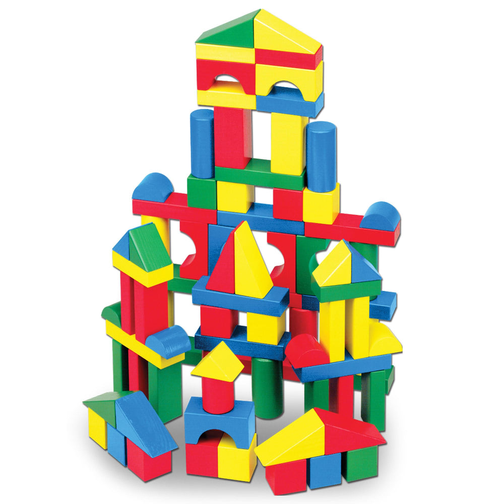 Melissa & Doug front packaging showing 100 wooden blocks and handle for easy transport