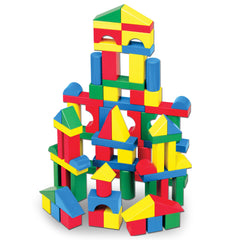 Melissa & Doug front packaging showing 100 wooden blocks and handle for easy transport