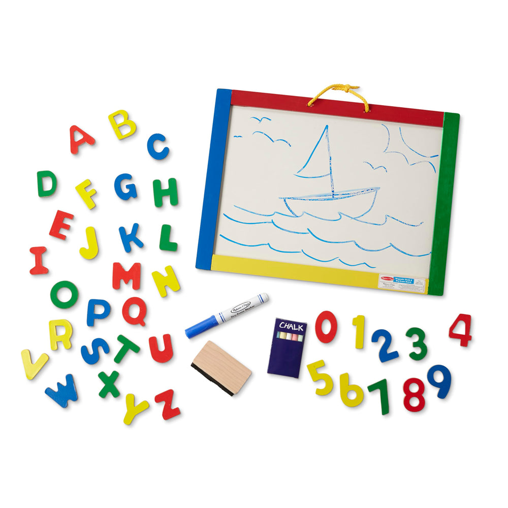 Colored chalk and dry-erase marker set for versatile art on the board.