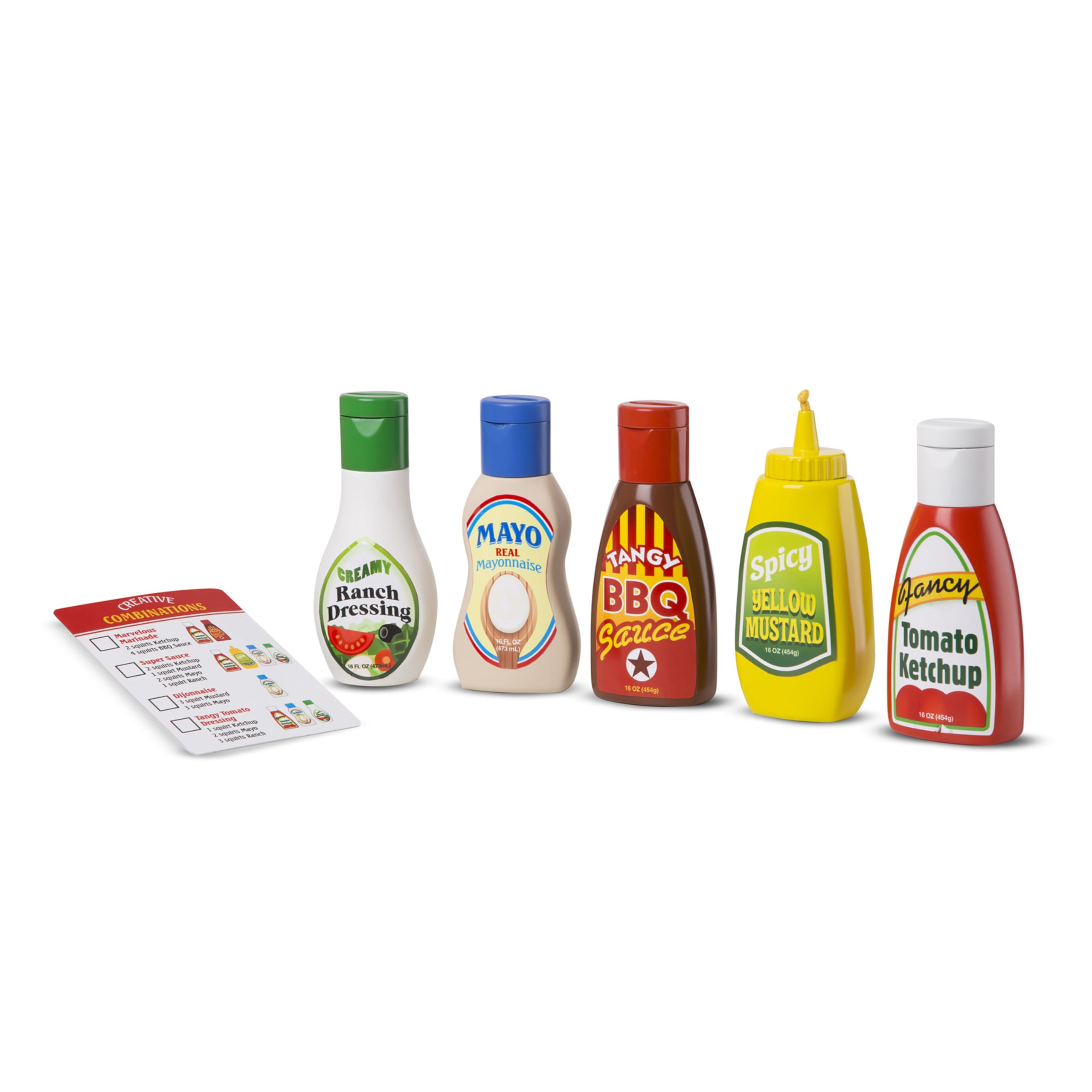 Melissa & Doug condiments playset bottles with twist caps for imaginative pretend meals.
