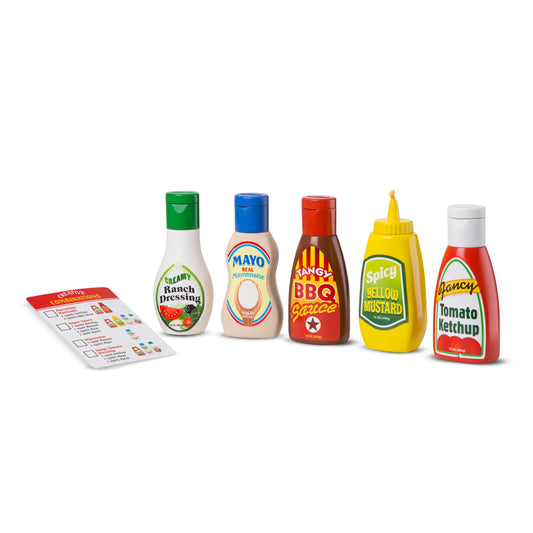 Melissa & Doug condiments playset bottles with twist caps for imaginative pretend meals.