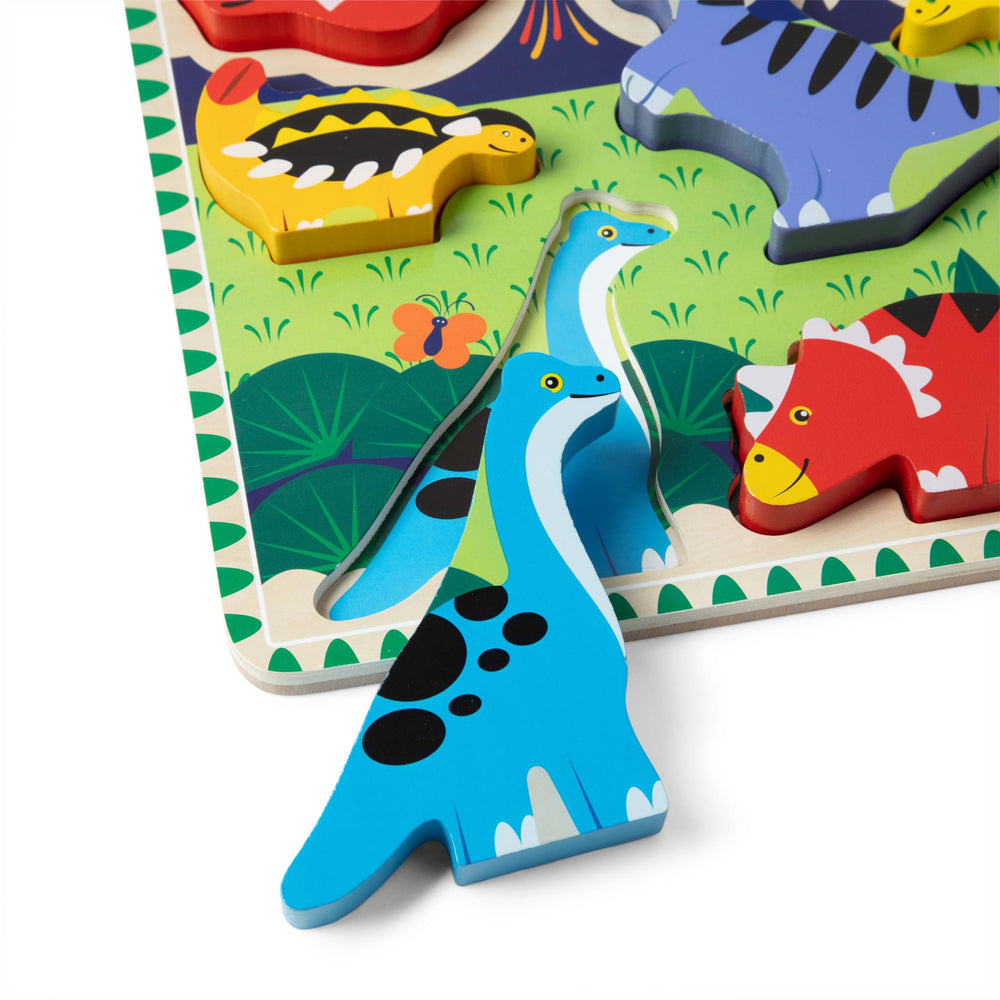 Melissa & Doug dinosaur puzzle shows full-color picture beneath pieces for visual clues