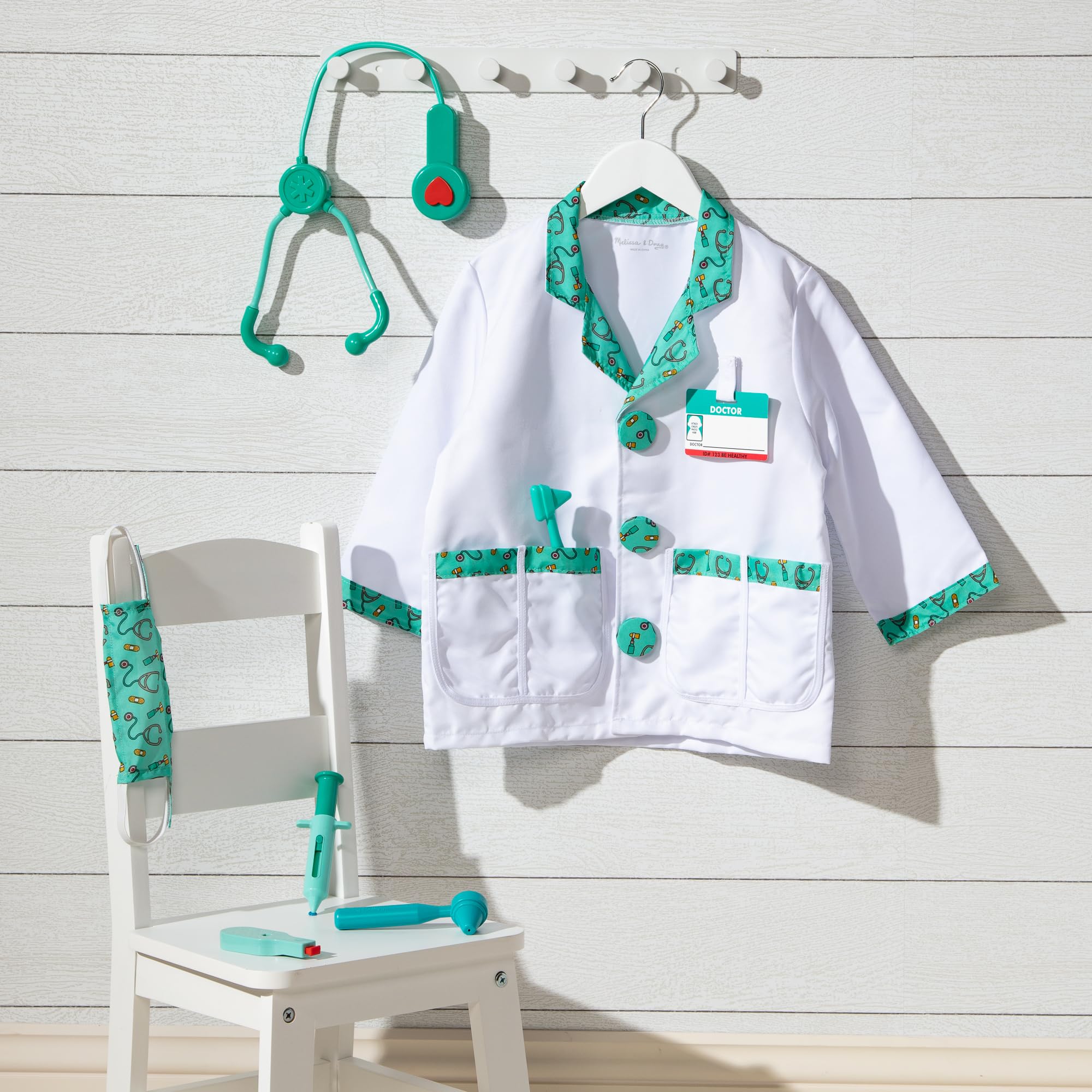 Melissa & Doug doctor costume set shown together for complete dress-up fun
