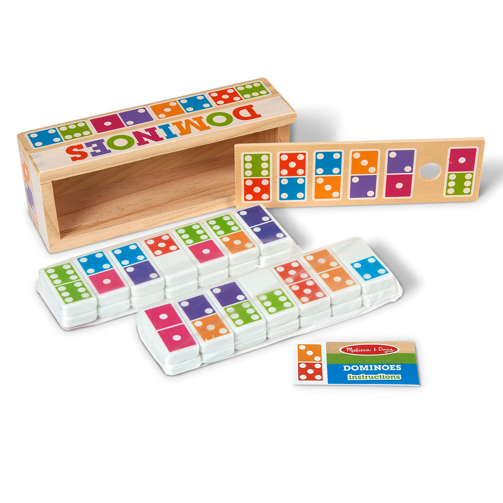Melissa & Doug dominoes wooden box close-up showing craftsmanship