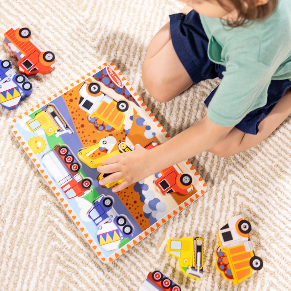 Melissa and Doug hand-eye coordination is built through fitting the wooden pieces together.