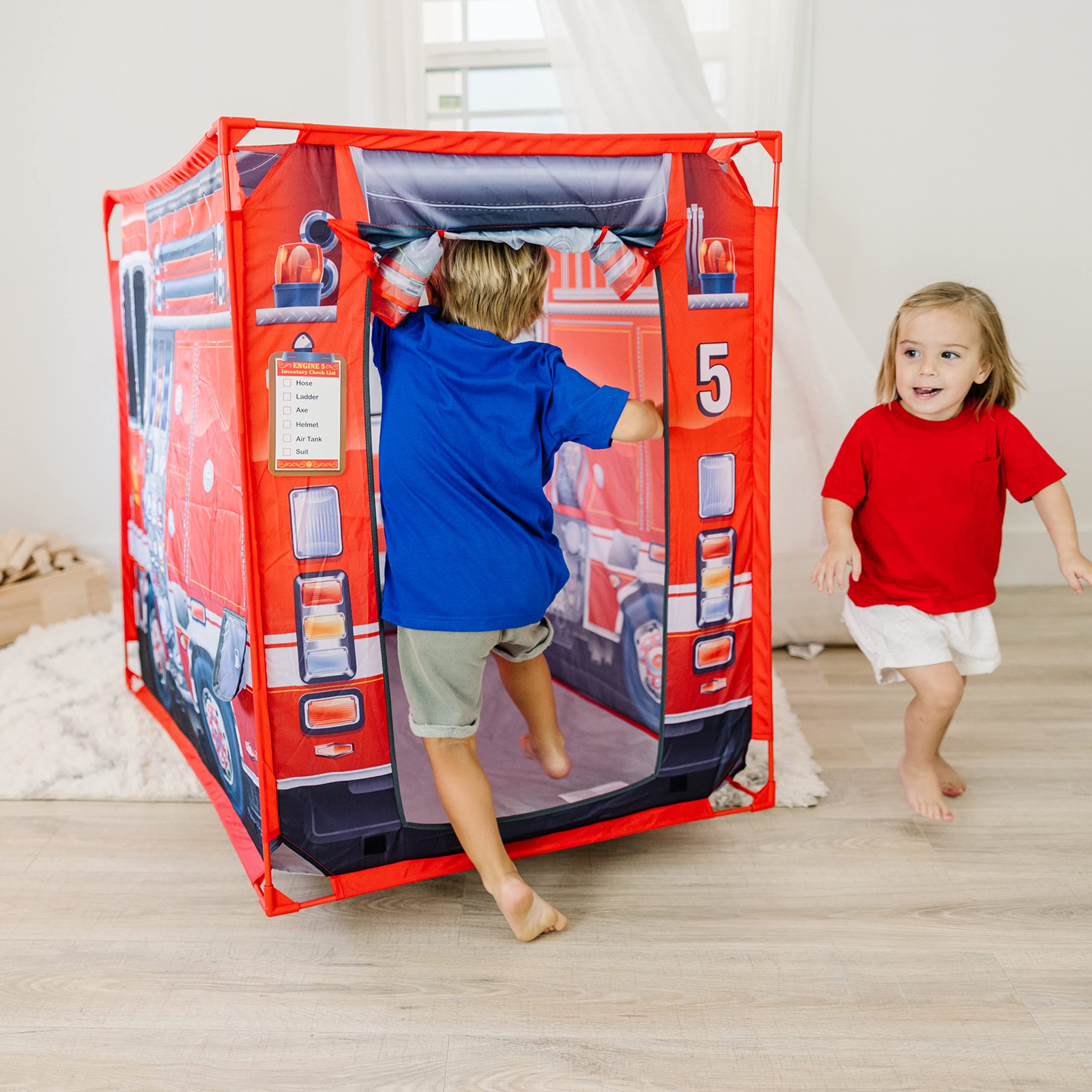Melissa & Doug Fire Truck Play Tent back door roll-up for quick access.