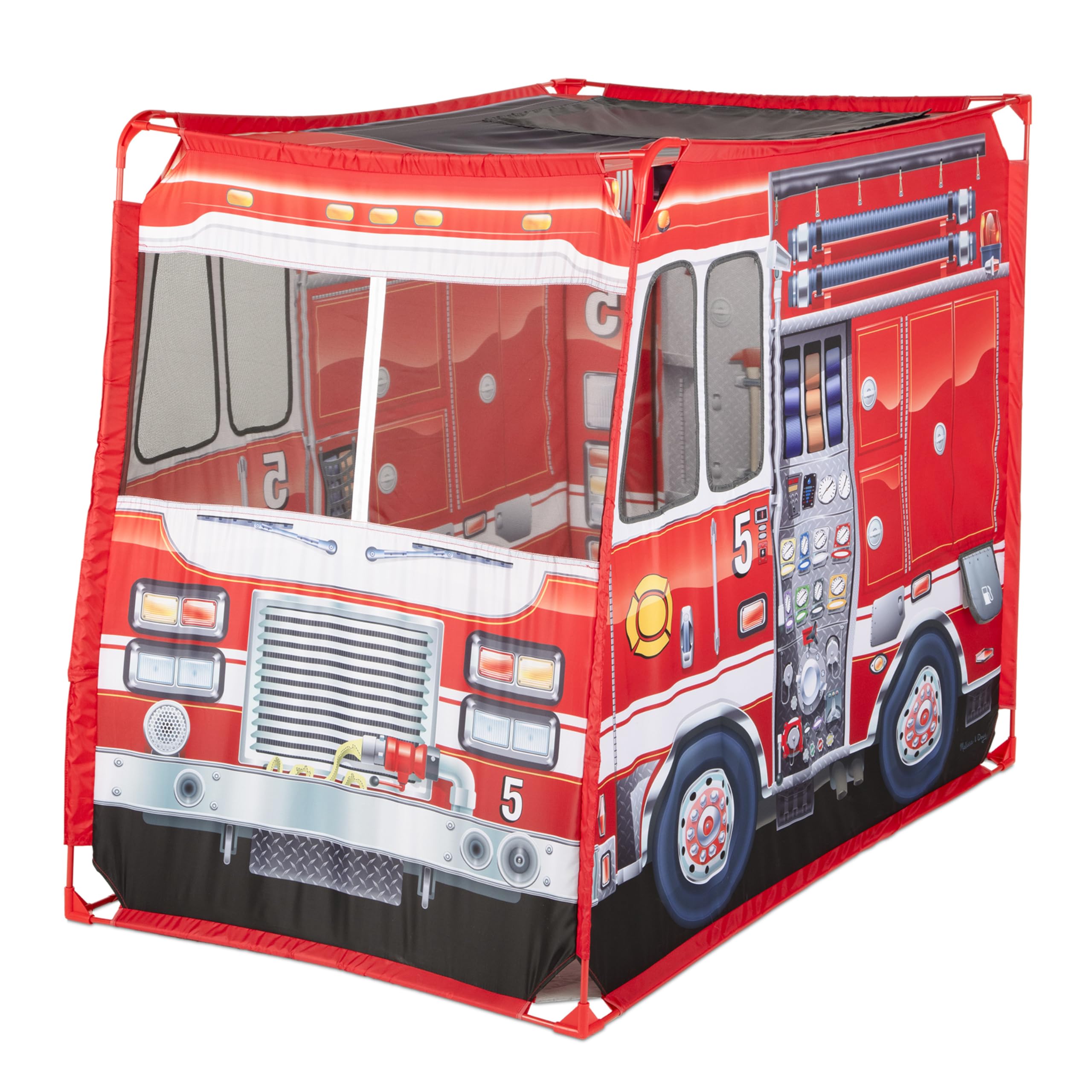 Melissa & Doug Fire Truck Play Tent front view with bright rescue artwork for imaginative play.