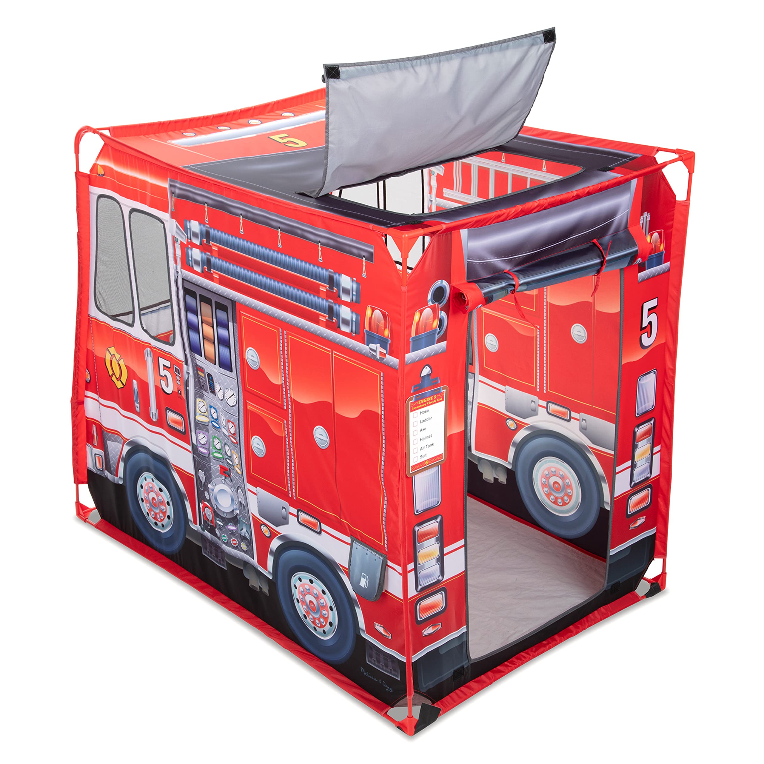 Melissa & Doug Fire Truck Play Tent roof flap open for act-out emergencies.