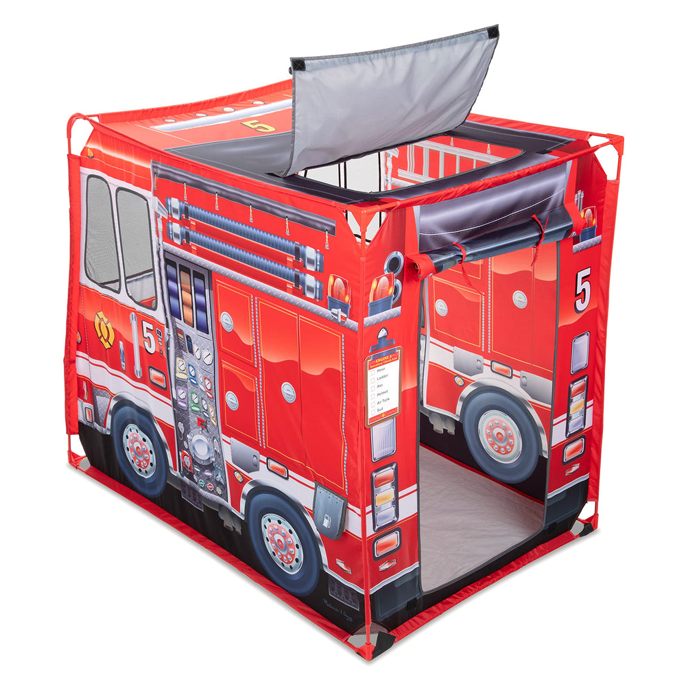 Melissa & Doug Fire Truck Play Tent roof flap open for act-out emergencies.