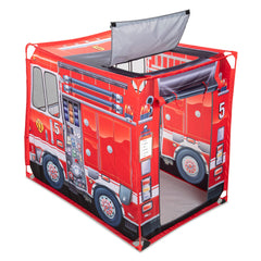 Melissa & Doug Fire Truck Play Tent roof flap open for act-out emergencies.