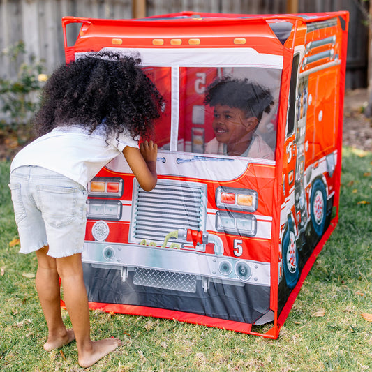 Melissa & Doug Fire Truck Play Tent side view highlighting roomy interior for multiple kids.