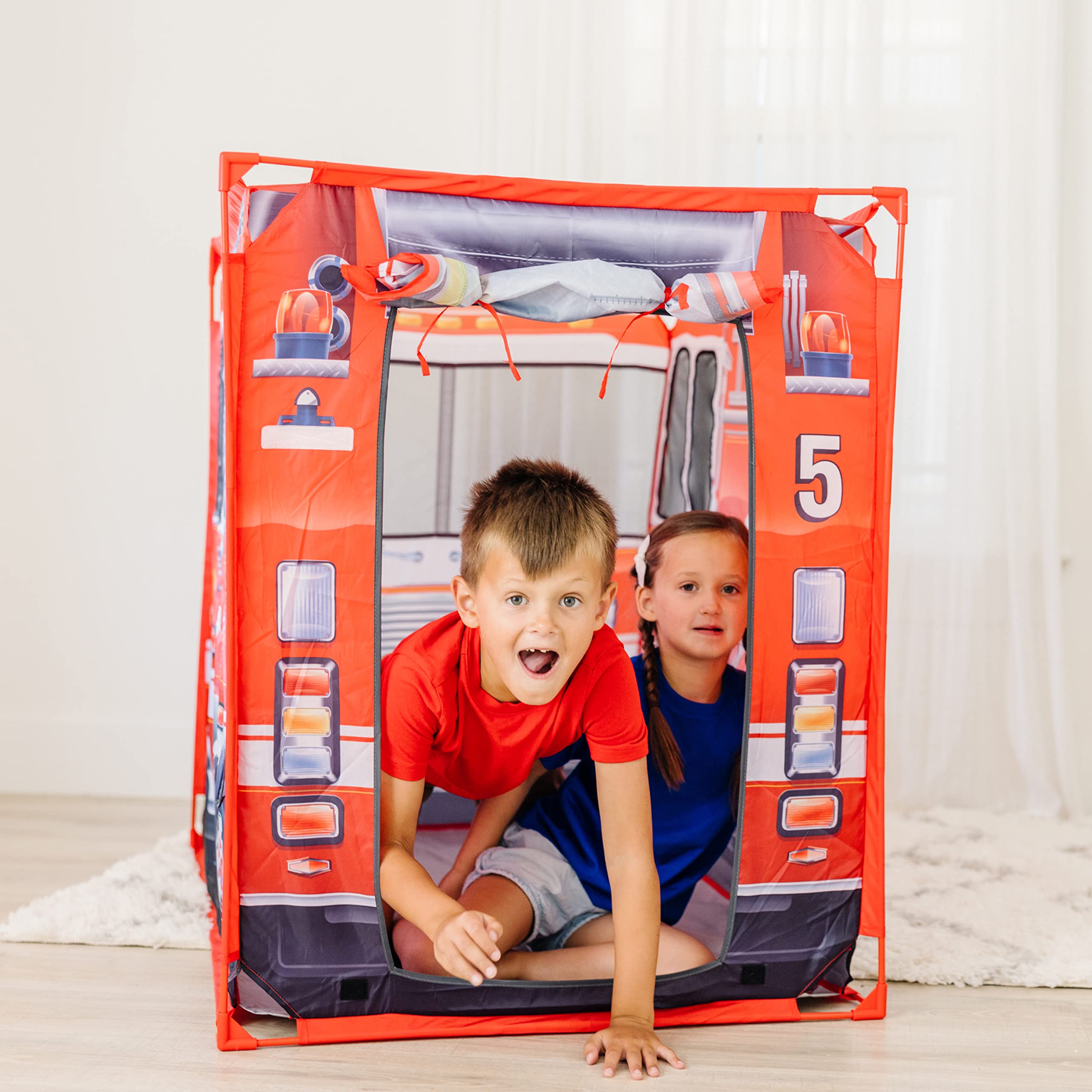 Melissa & Doug Fire Truck Play Tent portable tote storage for easy cleanup.