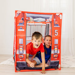 Melissa & Doug Fire Truck Play Tent portable tote storage for easy cleanup.