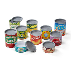 Melissa & Doug cans arranged in a toy kitchen to inspire pretend cooking and role-play