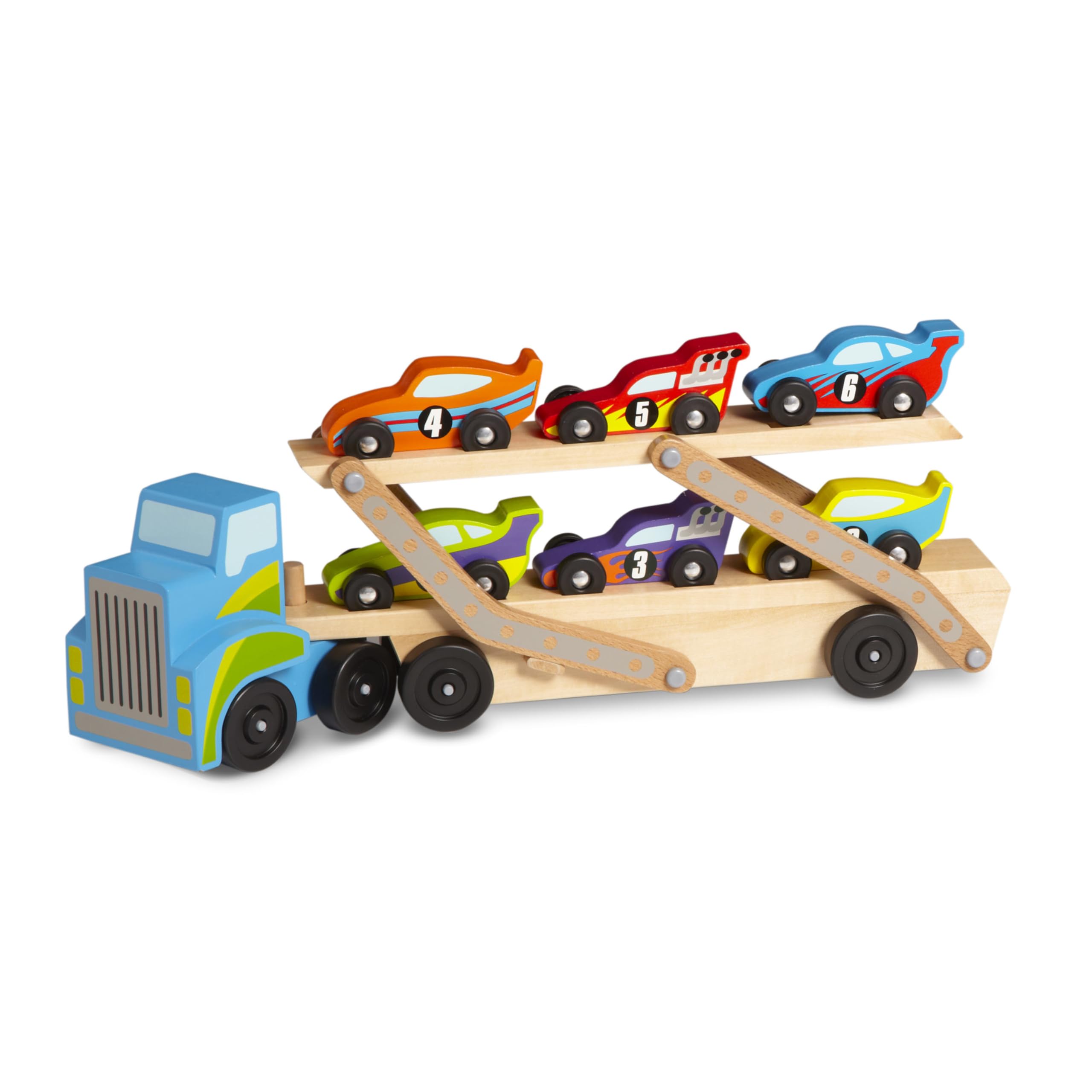 Melissa & Doug Mega Race-Car Carrier cab image shows durable wooden construction for pretend driving.