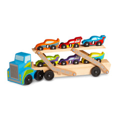 Melissa & Doug Mega Race-Car Carrier cab image shows durable wooden construction for pretend driving.