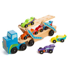 Melissa & Doug Mega Race-Car Carrier extended deck offers spacious racing opportunities.
