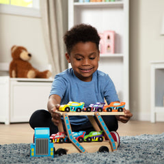 Melissa & Doug Mega Race-Car Carrier ships in curbside recyclable packaging for easy unboxing.