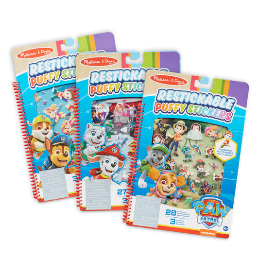 Melissa & Doug PAW Patrol restickable puffy stickers on Adventure Bay scene for imaginative storytelling