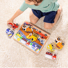 Melissa and Doug chunky wooden vehicle pieces are easy to grasp for small hands.