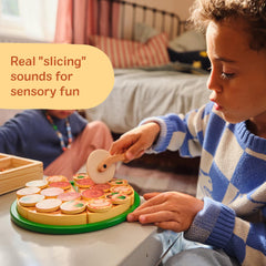 Melissa and Doug sturdy wooden storage box keeps toppings organized after play