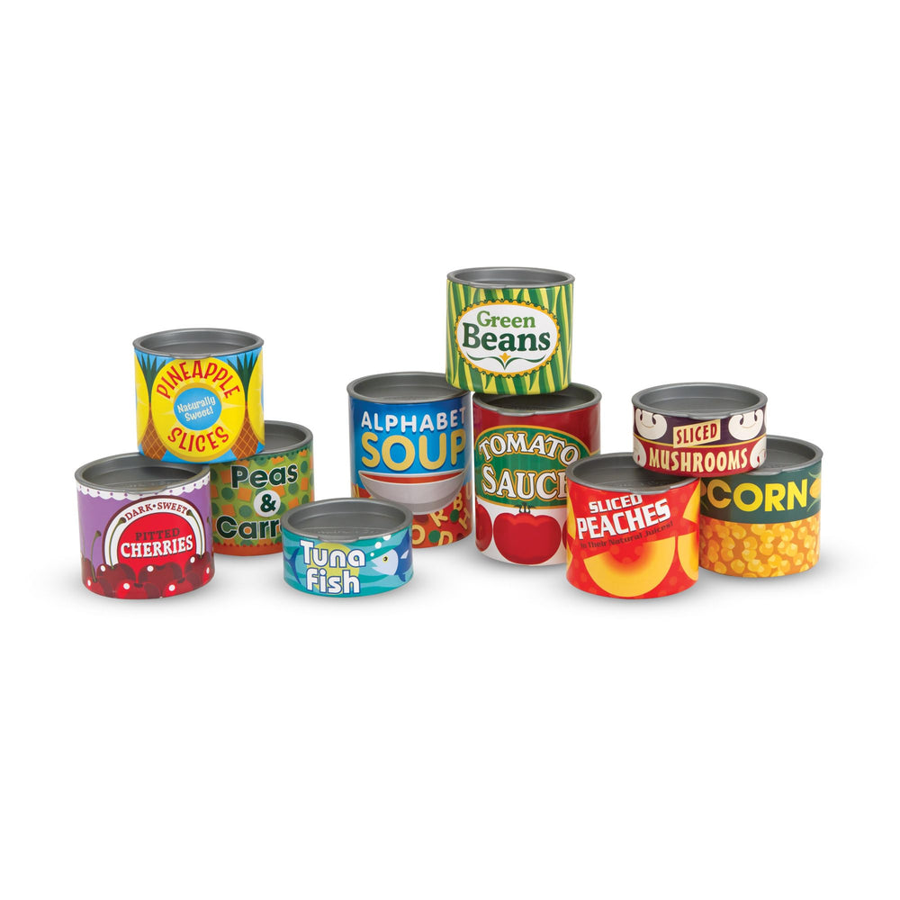 Melissa & Doug front packaging showing 10 colorful play food cans, encourages imaginative play
