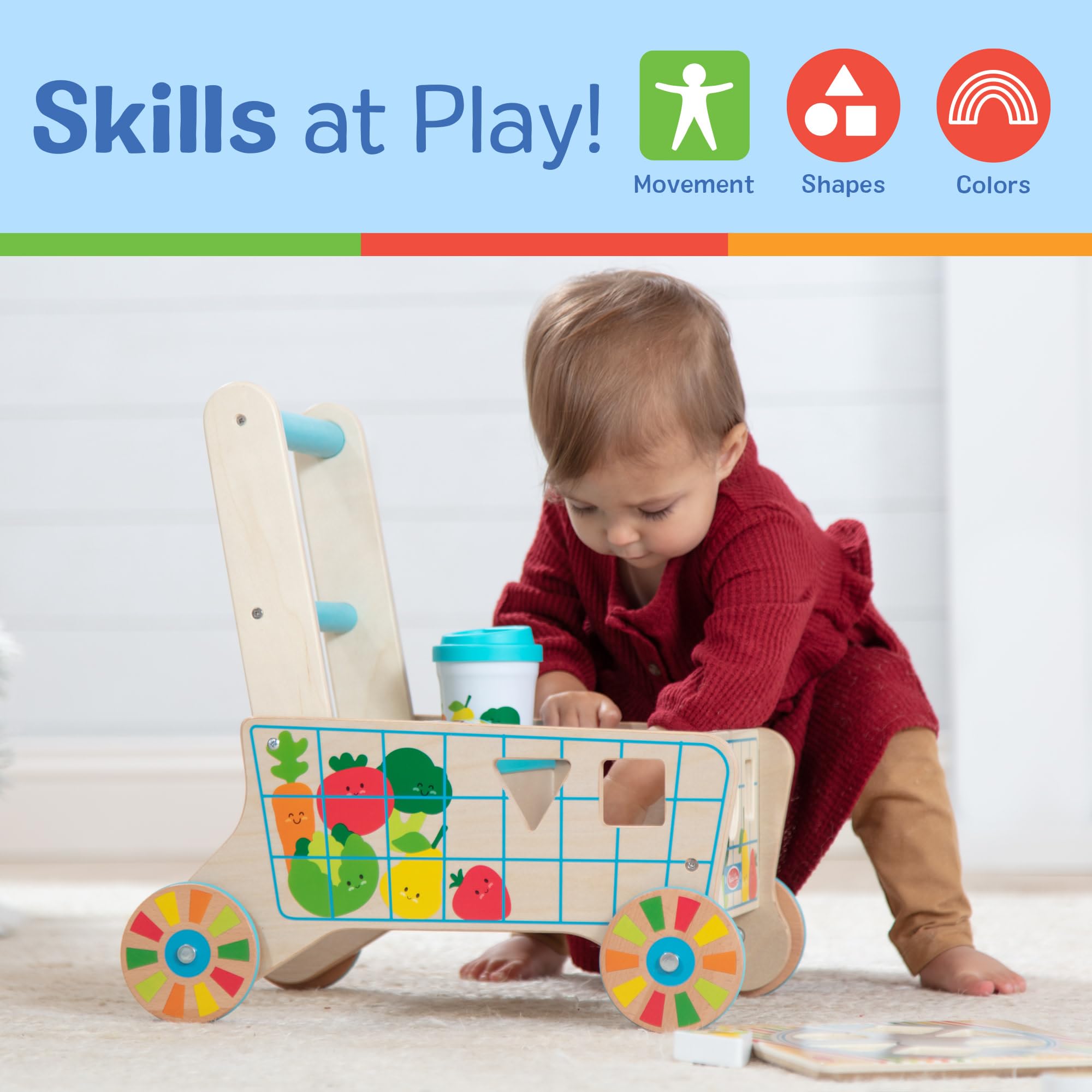 Sturdy push toy handle supports beginner walkers.