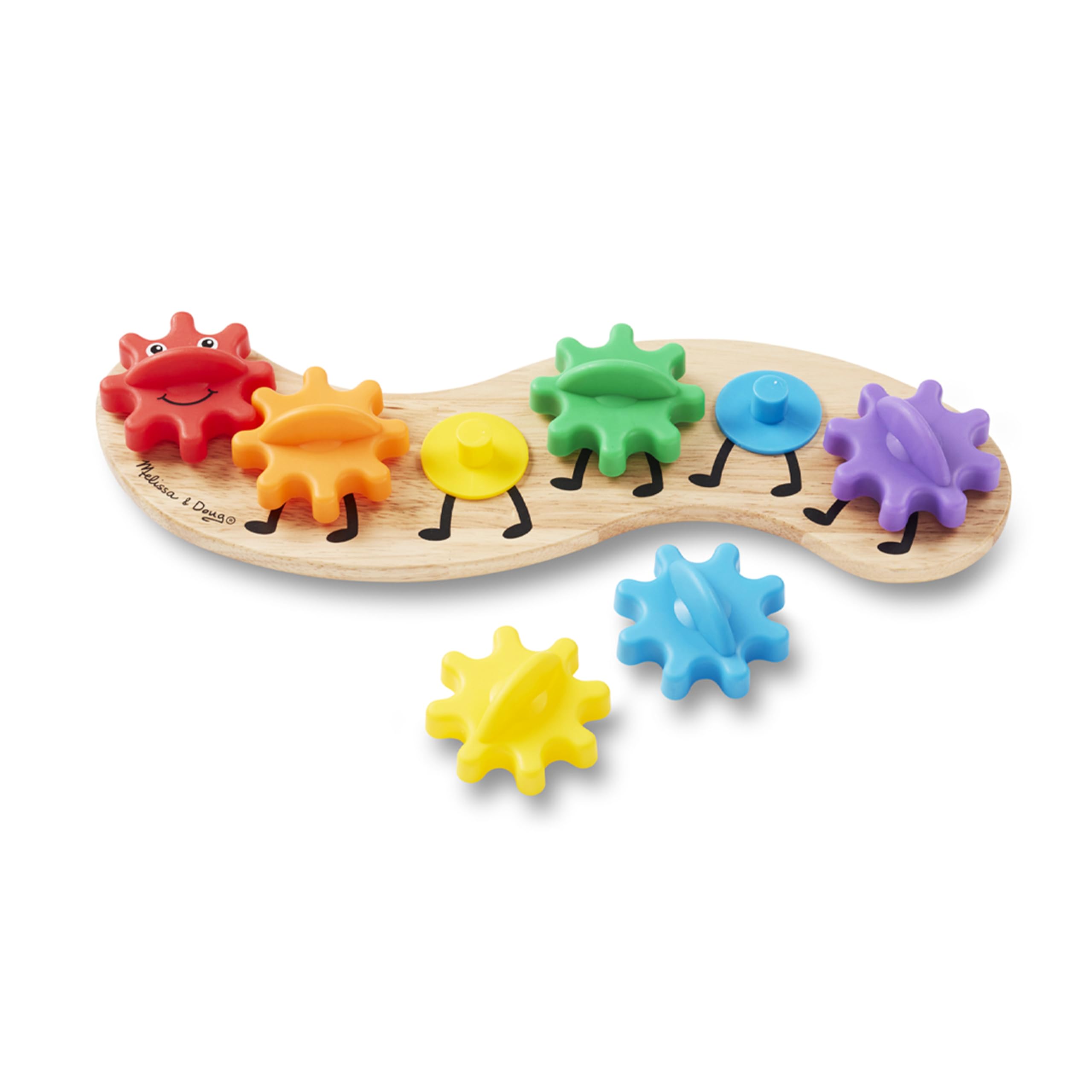 Melissa & Doug Rainbow Caterpillar Gear Toy on wooden base with colorful gears for color recognition.