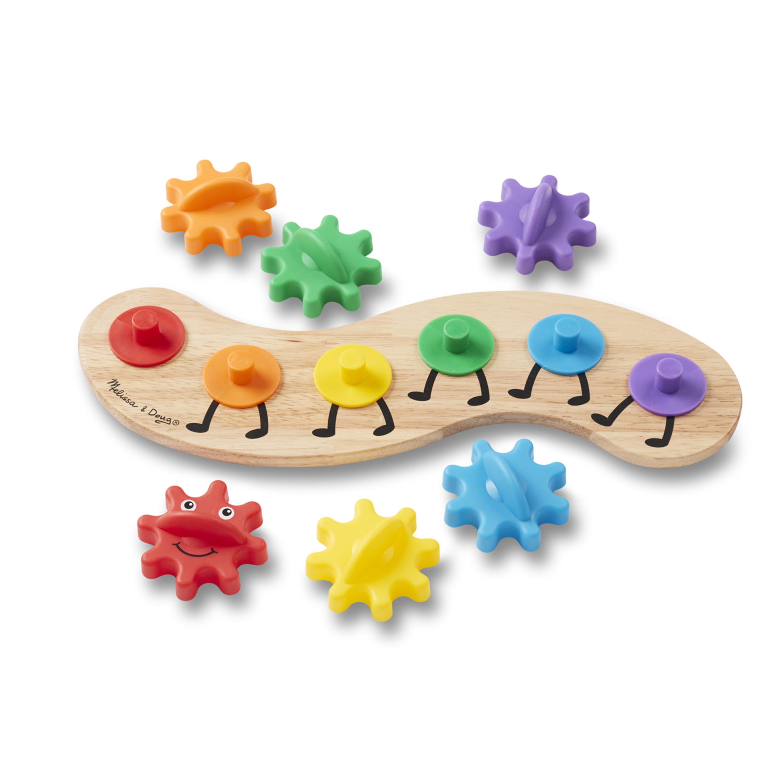 Melissa & Doug Rainbow Caterpillar Gear Toy featuring color pegs for easy matching.