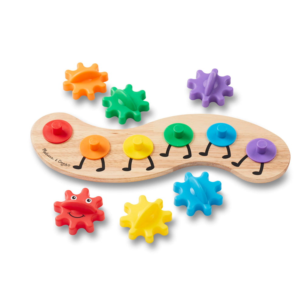 Melissa & Doug Rainbow Caterpillar Gear Toy featuring color pegs for easy matching.