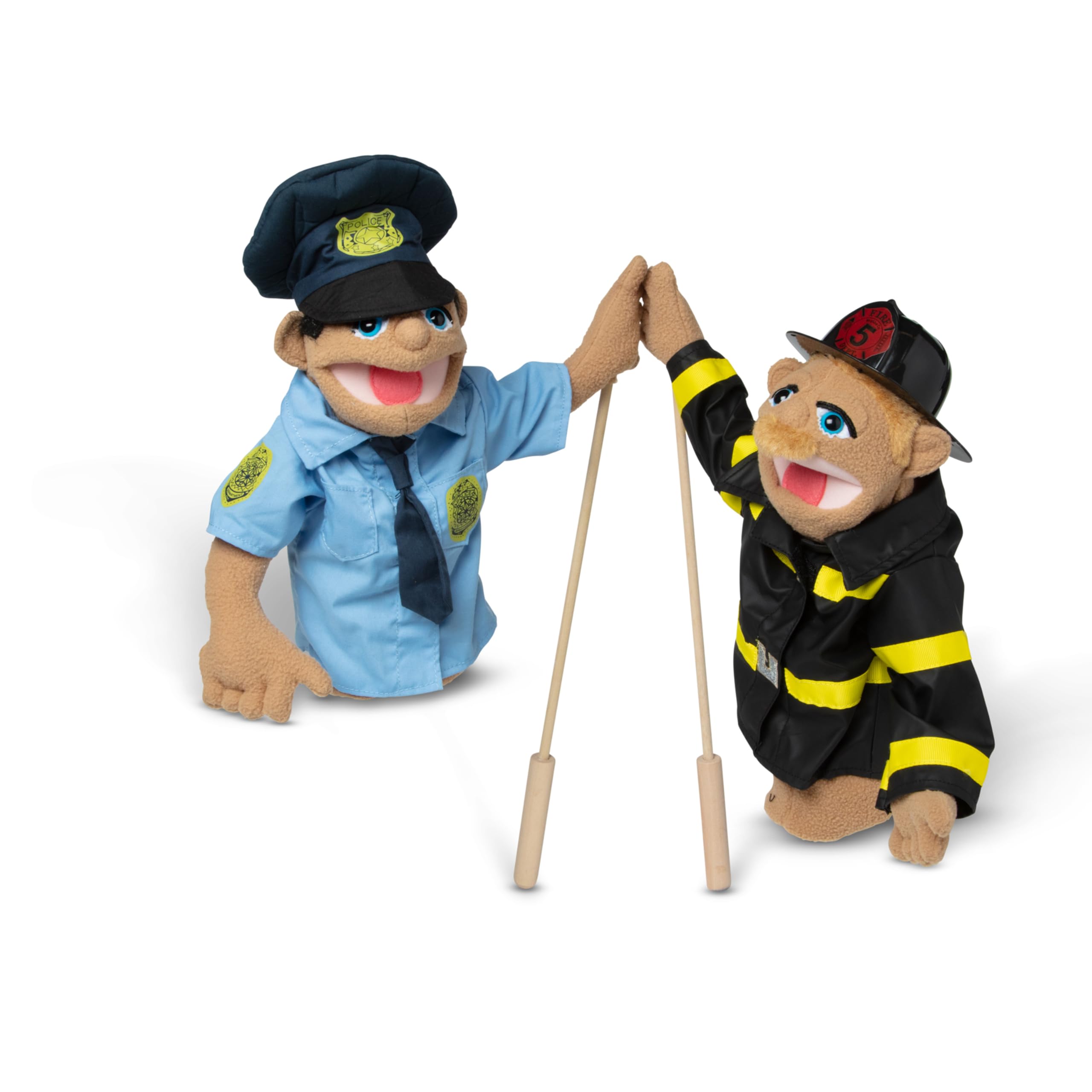 Melissa & Doug Rescue Puppet set encourages open-ended pretend play with police and firefighter roles.