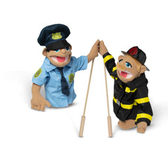 Melissa & Doug Rescue Puppet set encourages open-ended pretend play with police and firefighter roles.