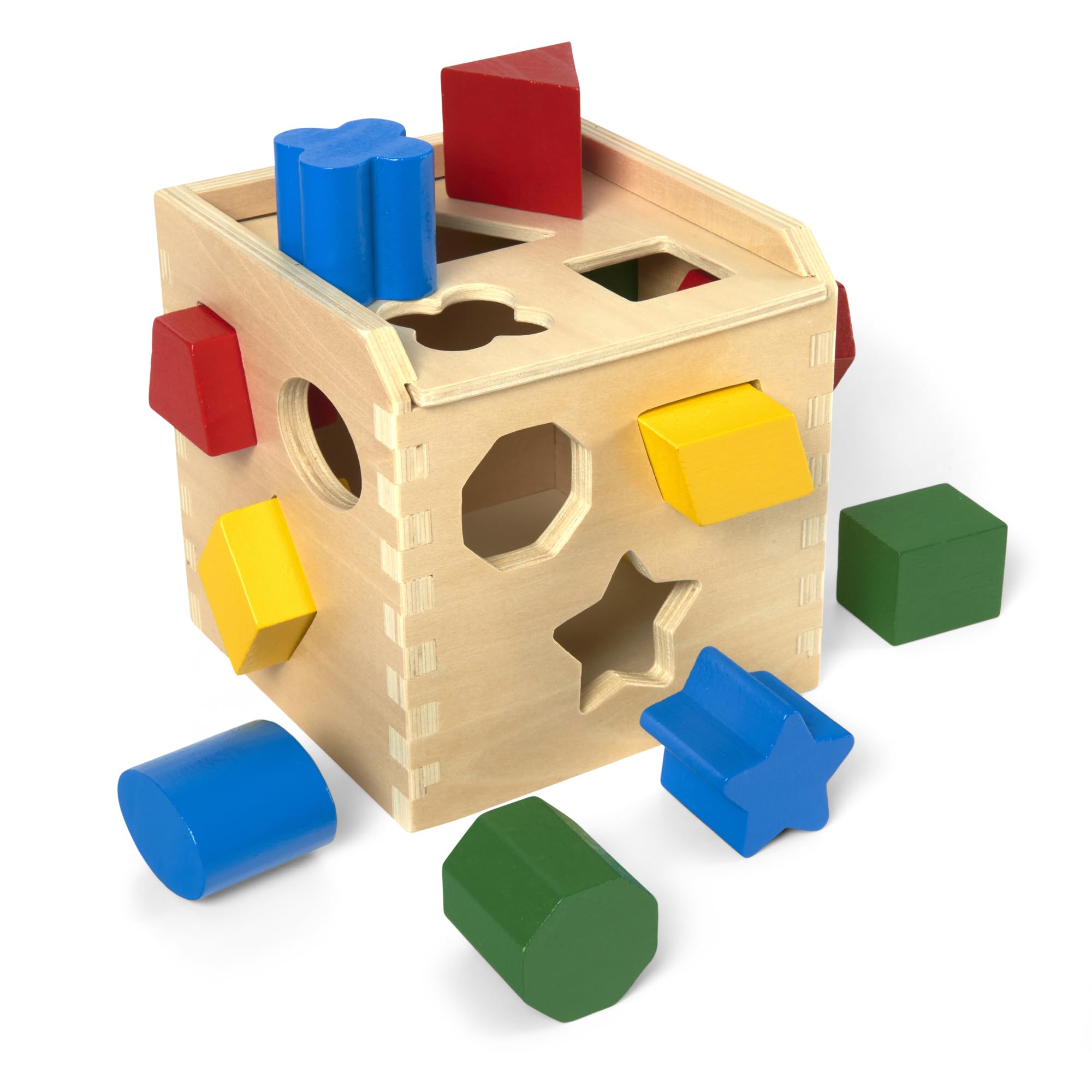 Melissa & Doug Shape Sorting Cube with bright shapes for color and shape recognition.