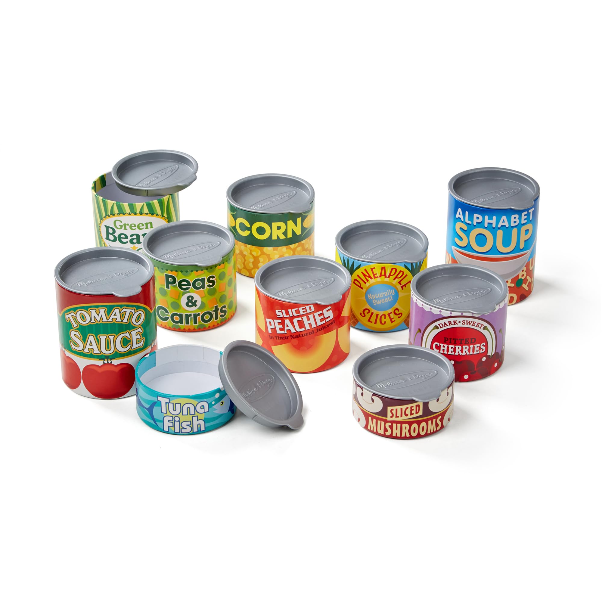 Melissa & Doug stacked cans balanced high, demonstrating stacking play and coordination