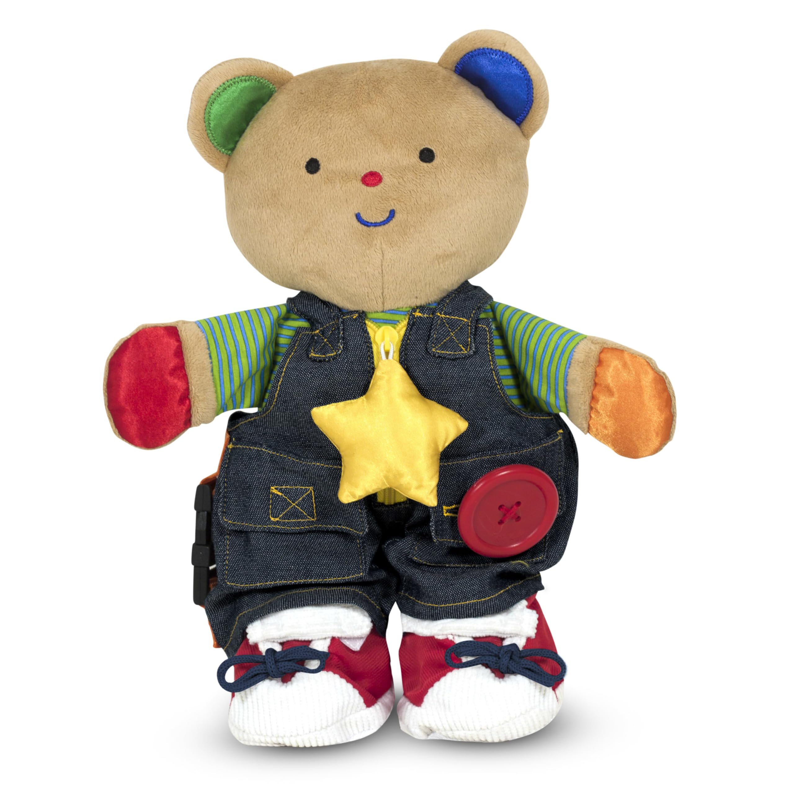 Melissa & Doug Teddy Wear bear with removable outfit for dressing and fine motor practice.