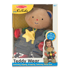 Melissa & Doug Teddy Wear bear lace closure enhances dexterity through lacing activity.