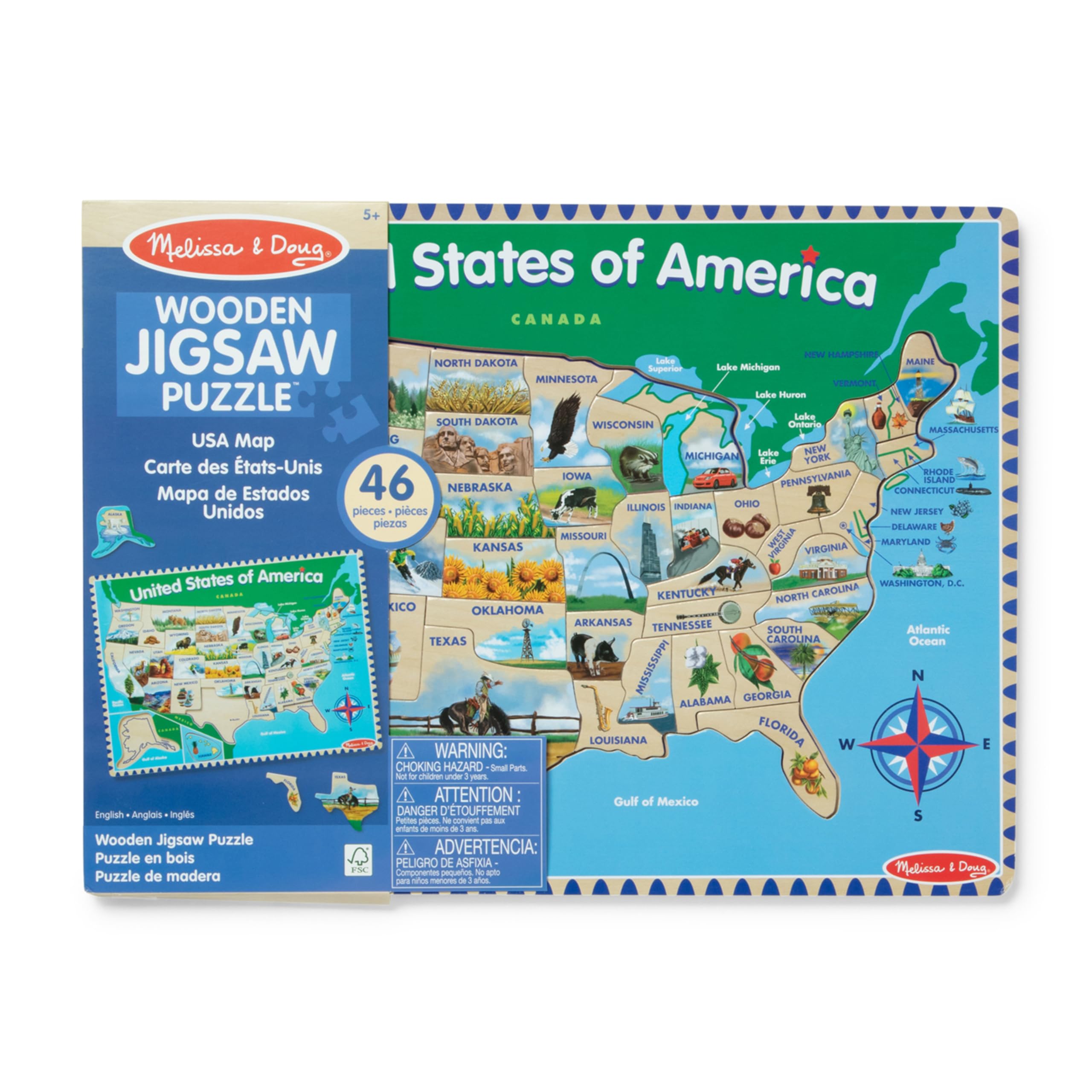 Melissa & Doug USA Map back board lists flags, birds, and mottos for extended play.