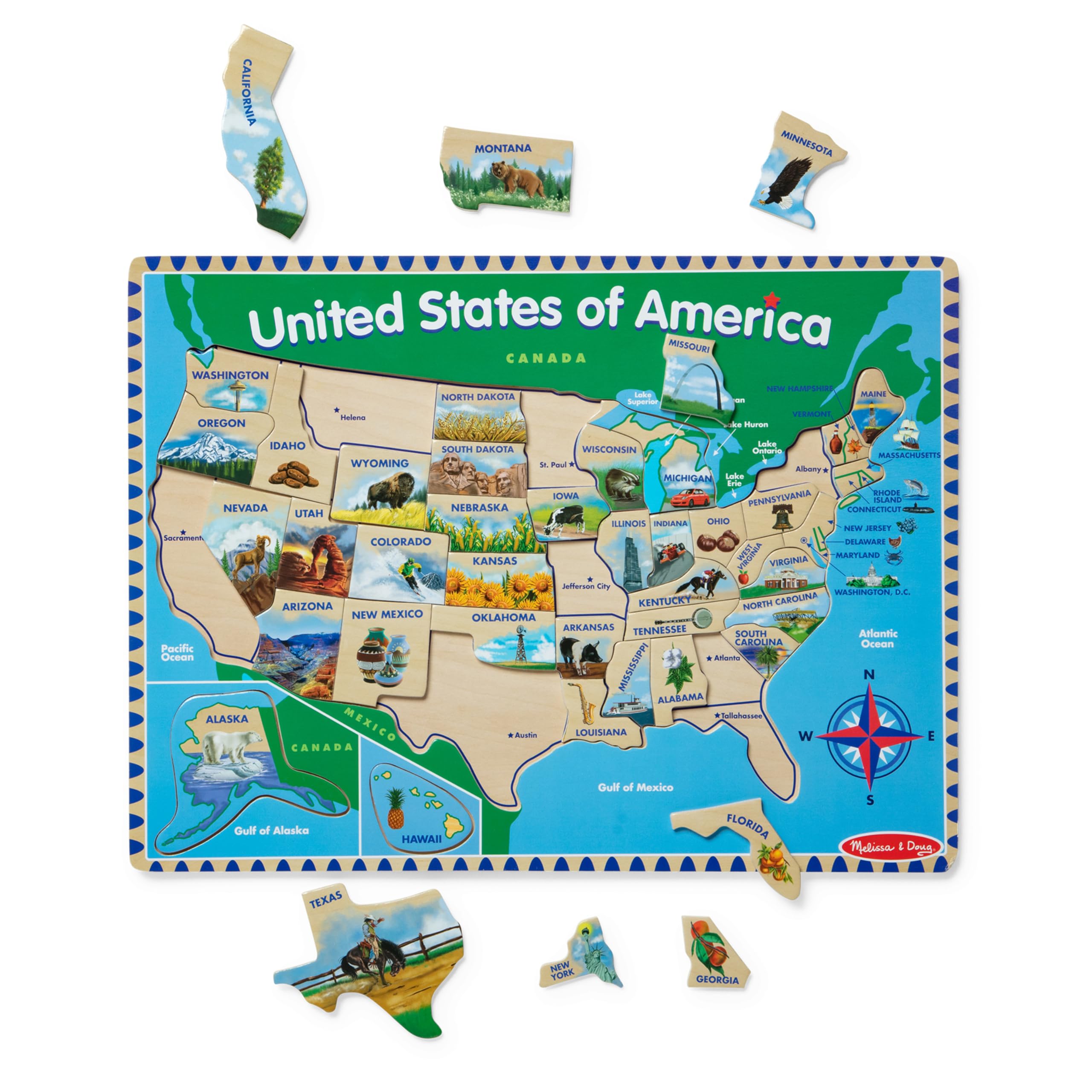 Melissa & Doug USA Map puzzle with 45 pieces for hands-on geography learning.